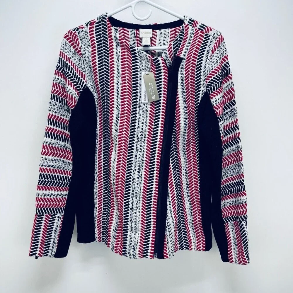 Chico’s Sweater Moto Jacket Size 1 Women’s Red White Black Pullover New - Picture 2 of 16